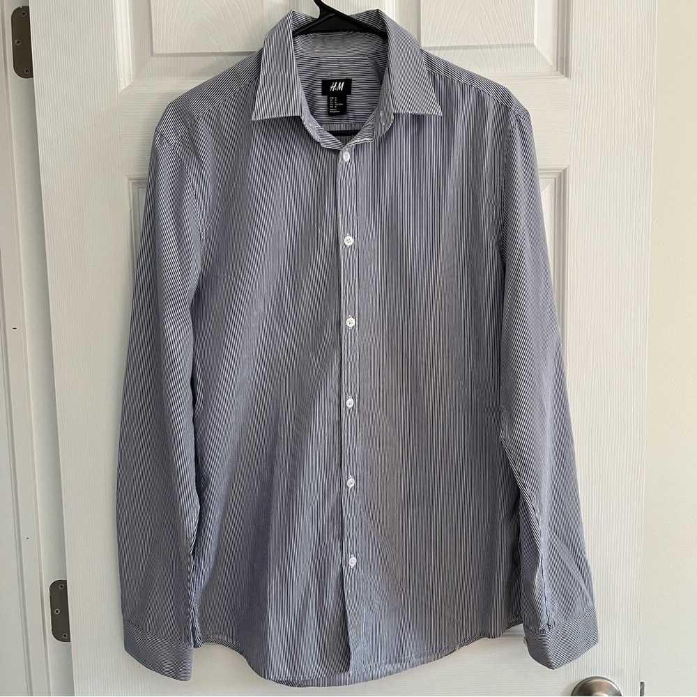 h&m blue & white work dress shirt button down size m